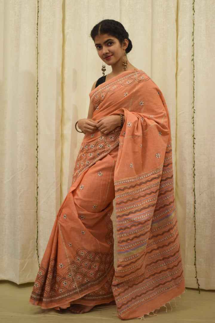 Vaidehi: Tropical Peach Khadi Cotton Kantha Saree