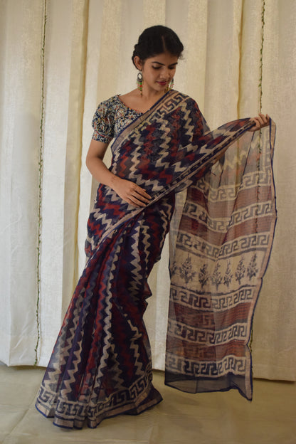 Viyā: Maroon & Indigo Kota Doria Saree