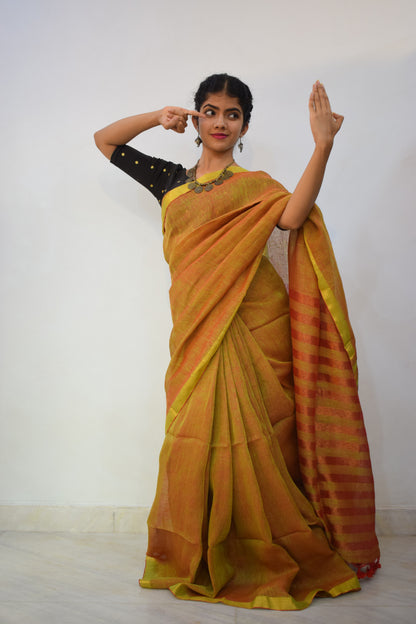 Swarnābhā- Golden Brown Linen Zari Saree