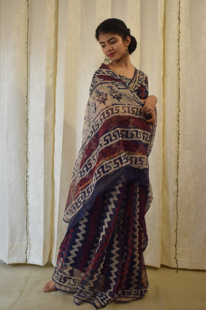 Viyā: Maroon & Indigo Kota Doria Saree