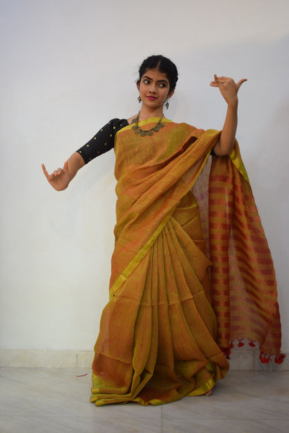 Swarnābhā- Golden Brown Linen Zari Saree