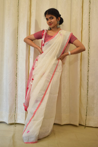 Chandrika: Porcelain White Linen Jamdani Saree