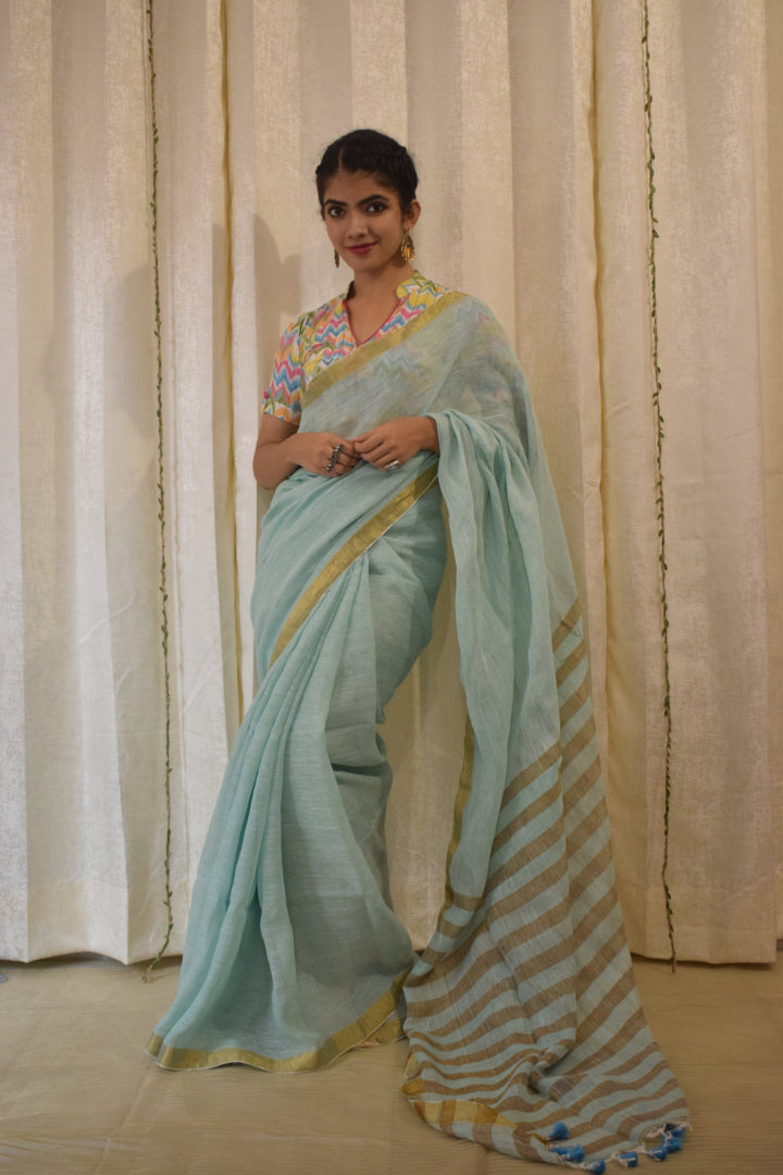 Gaganasri: Sky Blue Linen Saree