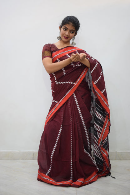 Āditiri: Maroon Begumpuri Cotton Saree