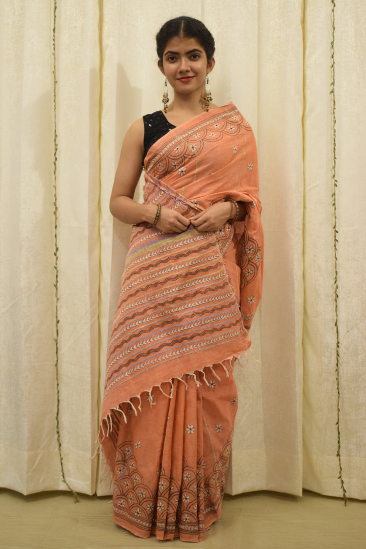 Vaidehi: Tropical Peach Khadi Cotton Kantha Saree