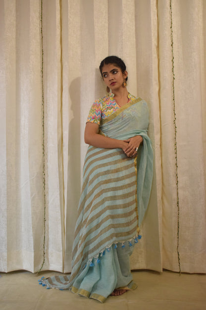 Gaganasri: Sky Blue Linen Saree