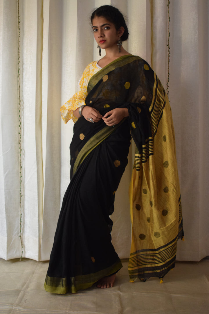 Manasvi- Black & Yellow Cotton-Linen Jamdani saree