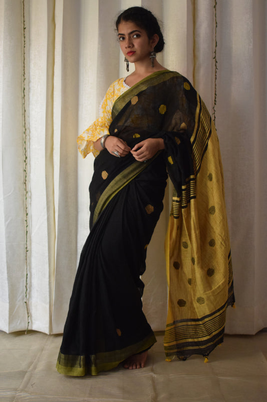 Manasvi- Black & Yellow Cotton-Linen Jamdani saree