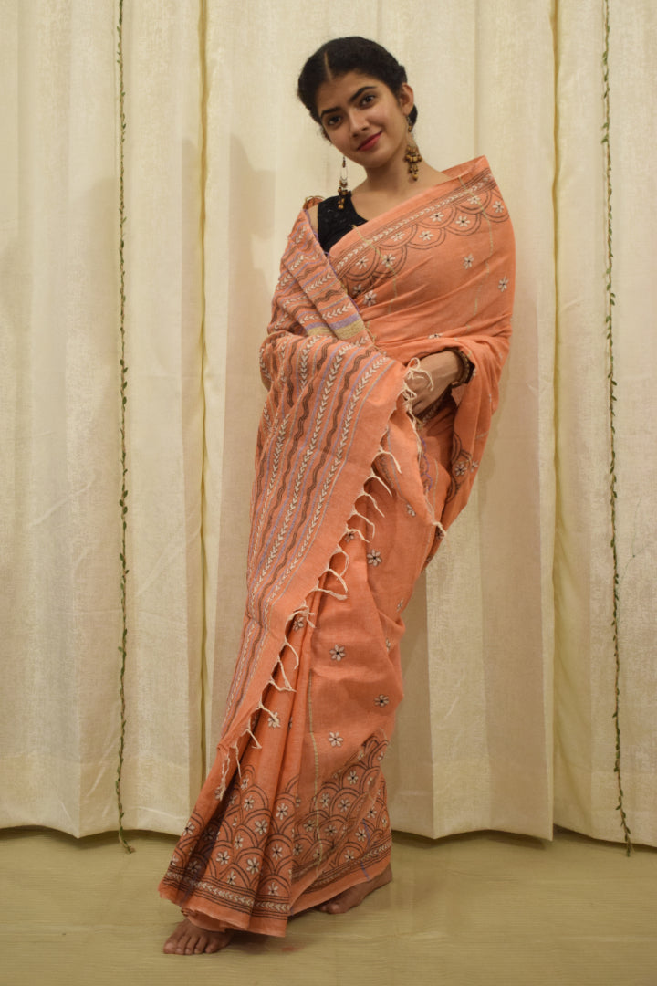 Vaidehi: Tropical Peach Khadi Cotton Kantha Saree