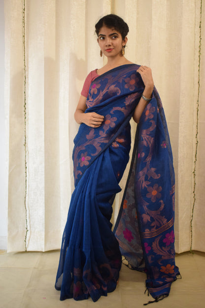 Sindhura- Blue Linen Jamdani Saree