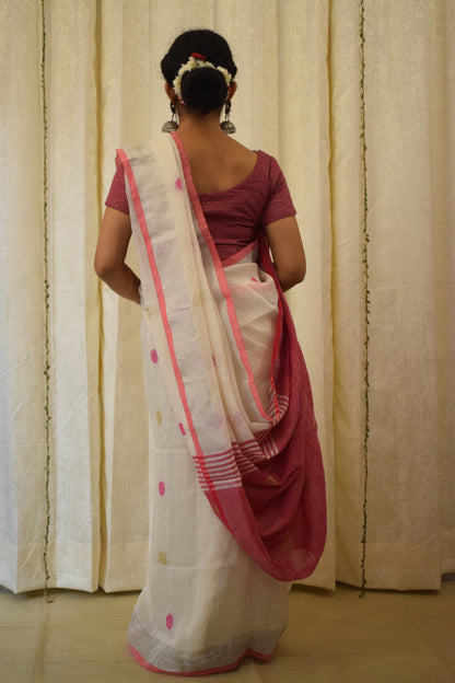 Chandrika: Porcelain White Linen Jamdani Saree