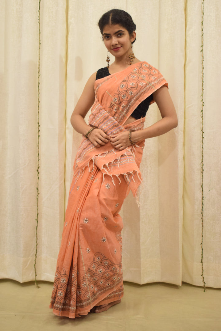 Vaidehi: Tropical Peach Khadi Cotton Kantha Saree