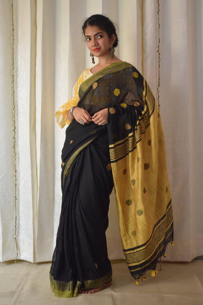 Manasvi- Black & Yellow Cotton-Linen Jamdani saree