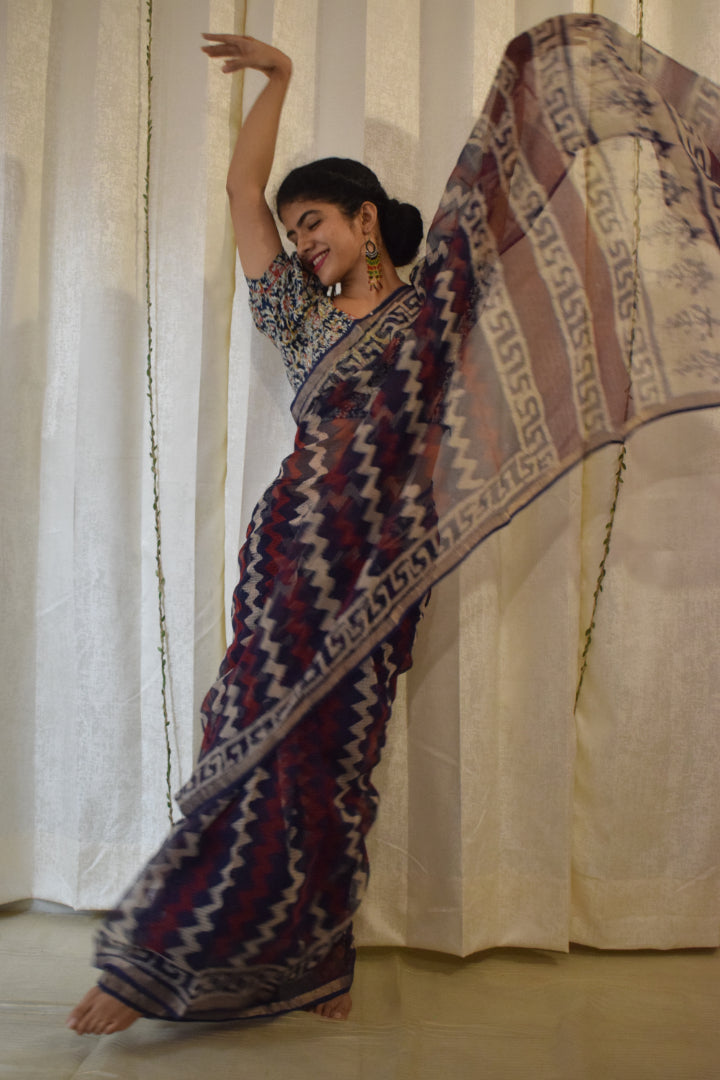 Viyā: Maroon & Indigo Kota Doria Saree