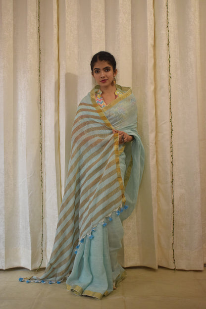 Gaganasri: Sky Blue Linen Saree