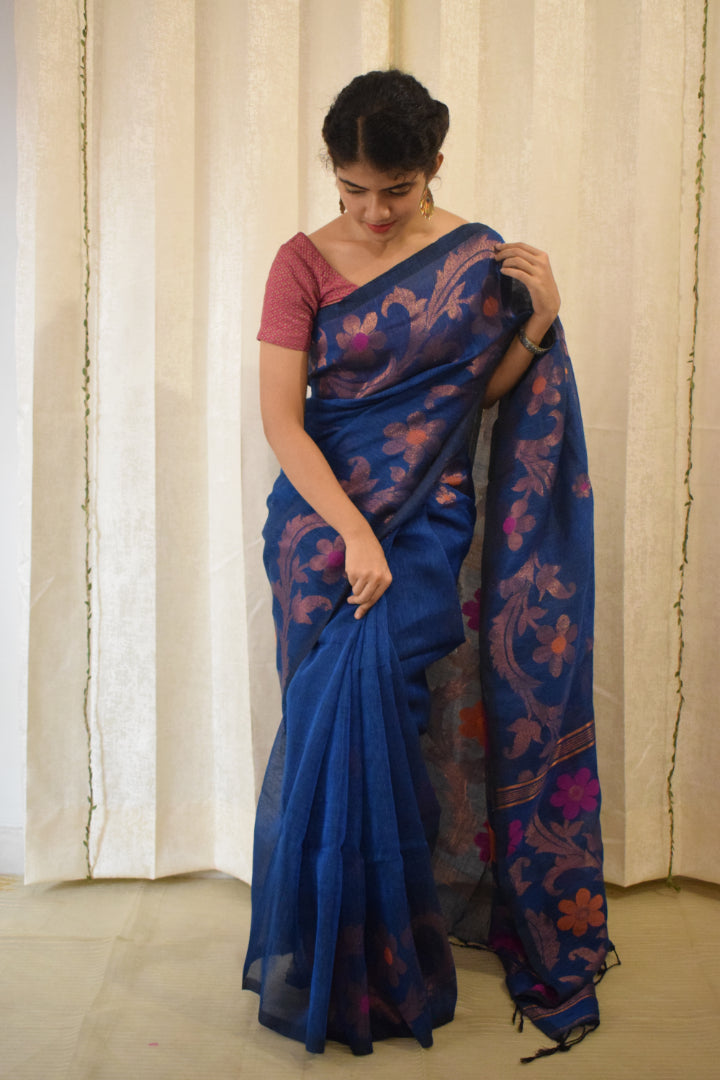 Sindhura- Blue Linen Jamdani Saree