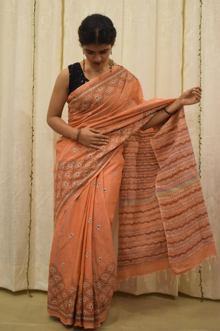 Vaidehi: Tropical Peach Khadi Cotton Kantha Saree