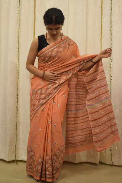 Vaidehi: Tropical Peach Khadi Cotton Kantha Saree