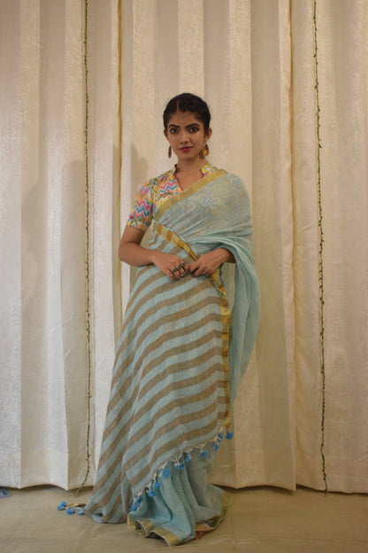 Gaganasri: Sky Blue Linen Saree