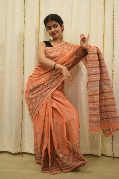 Vaidehi: Tropical Peach Khadi Cotton Kantha Saree