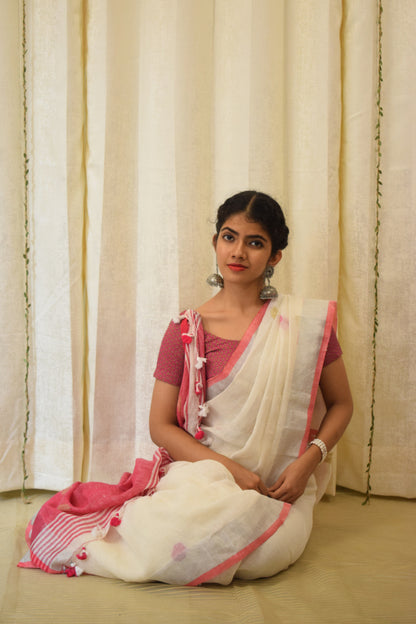 Chandrika: Porcelain White Linen Jamdani Saree