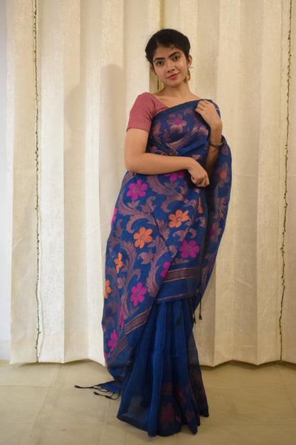 Sindhura- Blue Linen Jamdani Saree