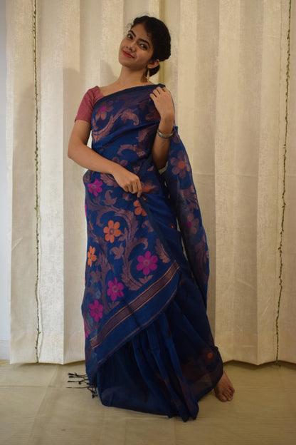 Sindhura- Blue Linen Jamdani Saree