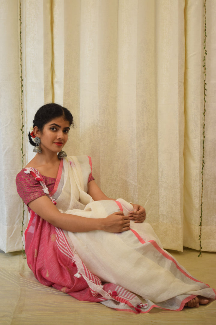 Chandrika: Porcelain White Linen Jamdani Saree