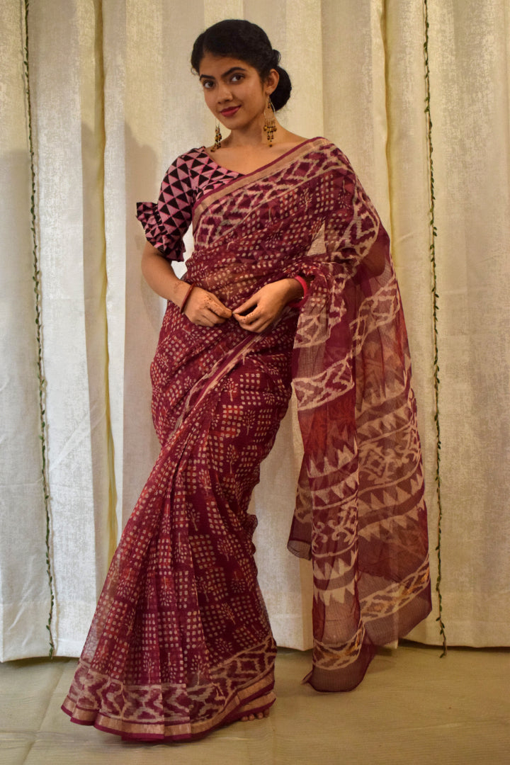 Amodini: Burgundy Red Kota Doria Saree