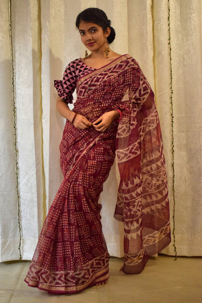 Amodini: Burgundy Red Kota Doria Saree