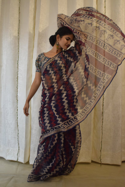 Viyā: Maroon & Indigo Kota Doria Saree