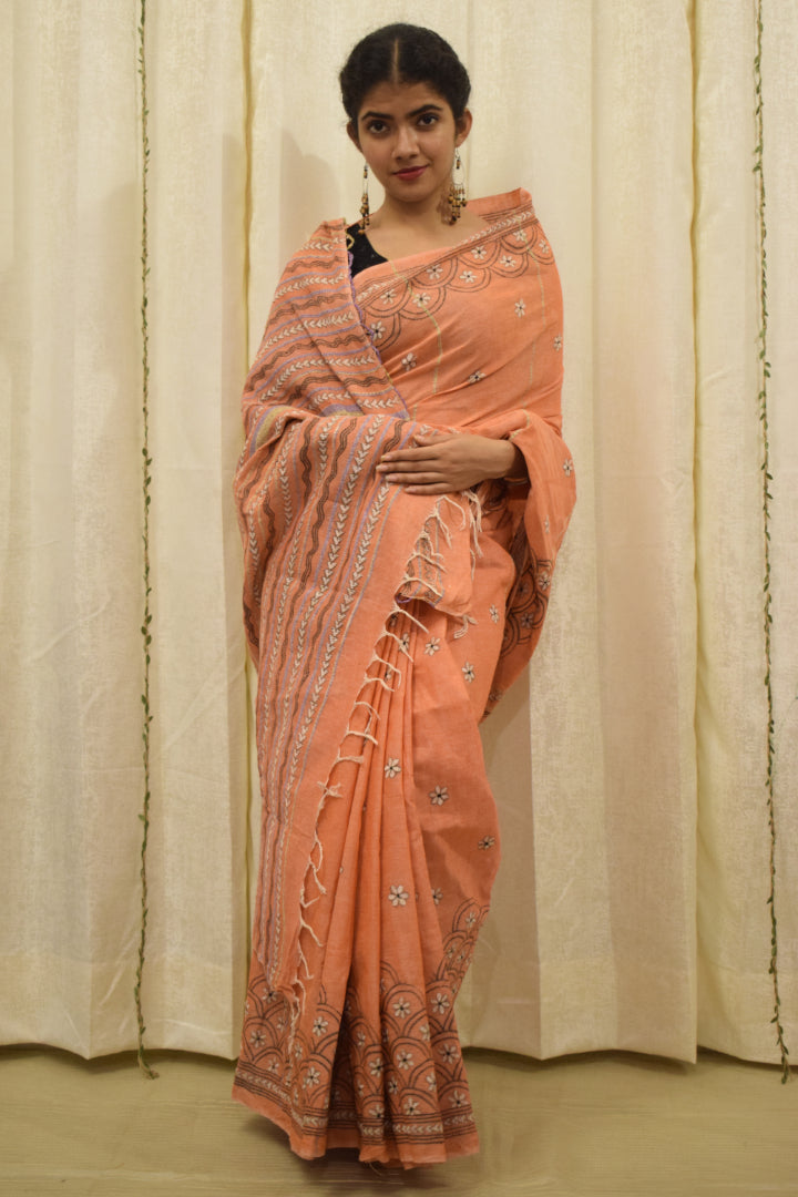 Vaidehi: Tropical Peach Khadi Cotton Kantha Saree