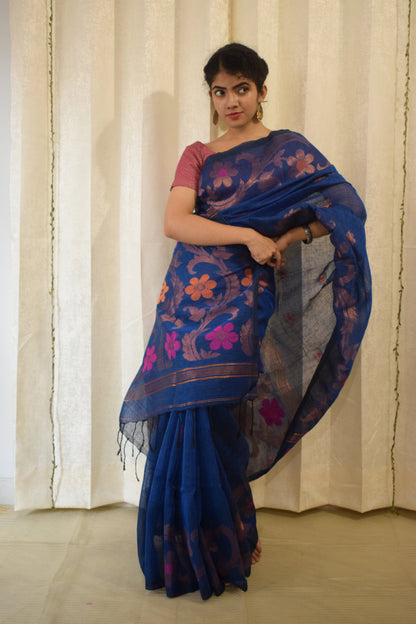 Sindhura- Blue Linen Jamdani Saree