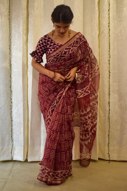 Amodini: Burgundy Red Kota Doria Saree