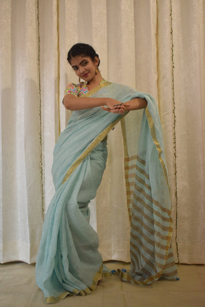 Gaganasri: Sky Blue Linen Saree