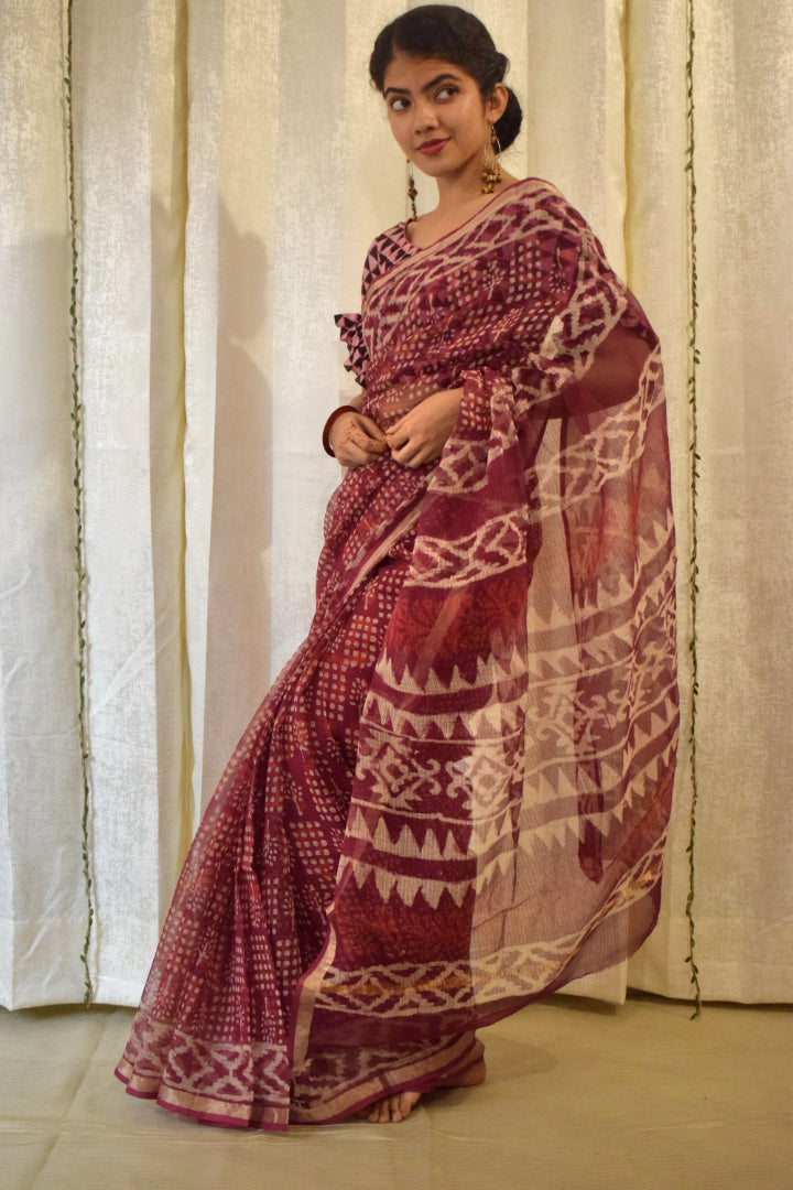 Amodini: Burgundy Red Kota Doria Saree