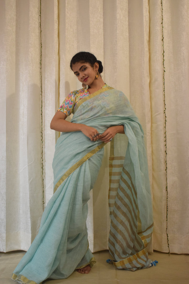 Gaganasri: Sky Blue Linen Saree