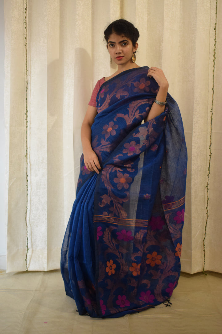 Sindhura- Blue Linen Jamdani Saree