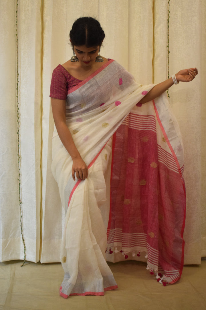 Chandrika: Porcelain White Linen Jamdani Saree