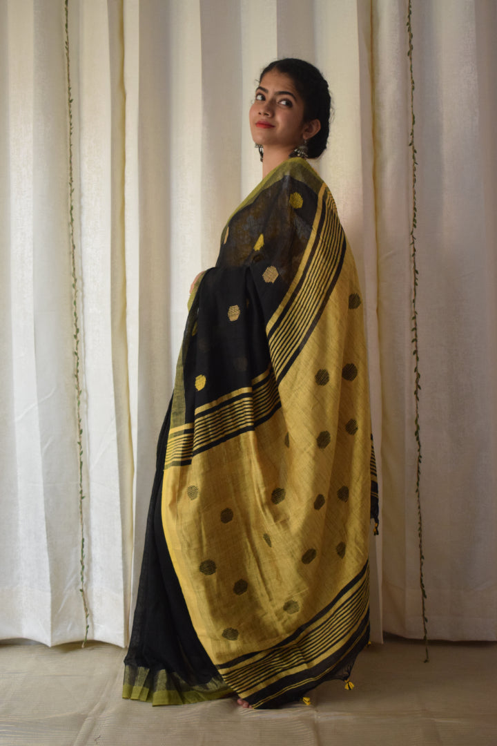 Manasvi- Black & Yellow Cotton-Linen Jamdani saree