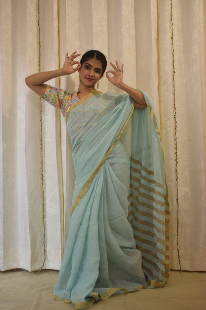 Gaganasri: Sky Blue Linen Saree