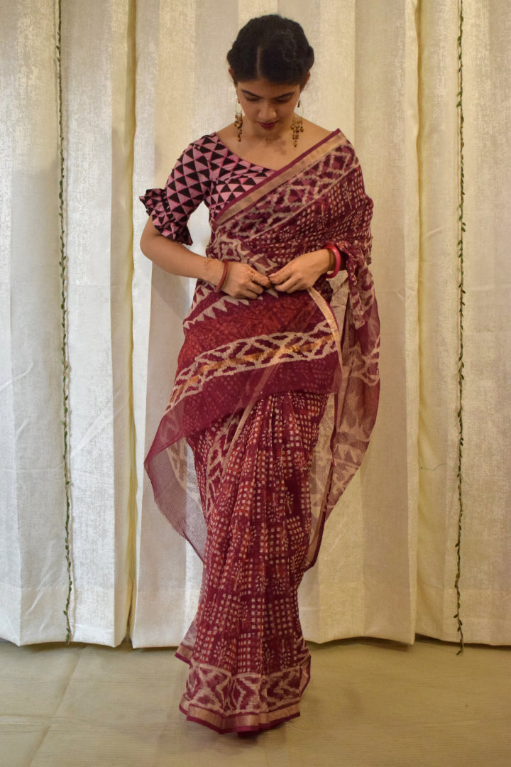 Amodini: Burgundy Red Kota Doria Saree