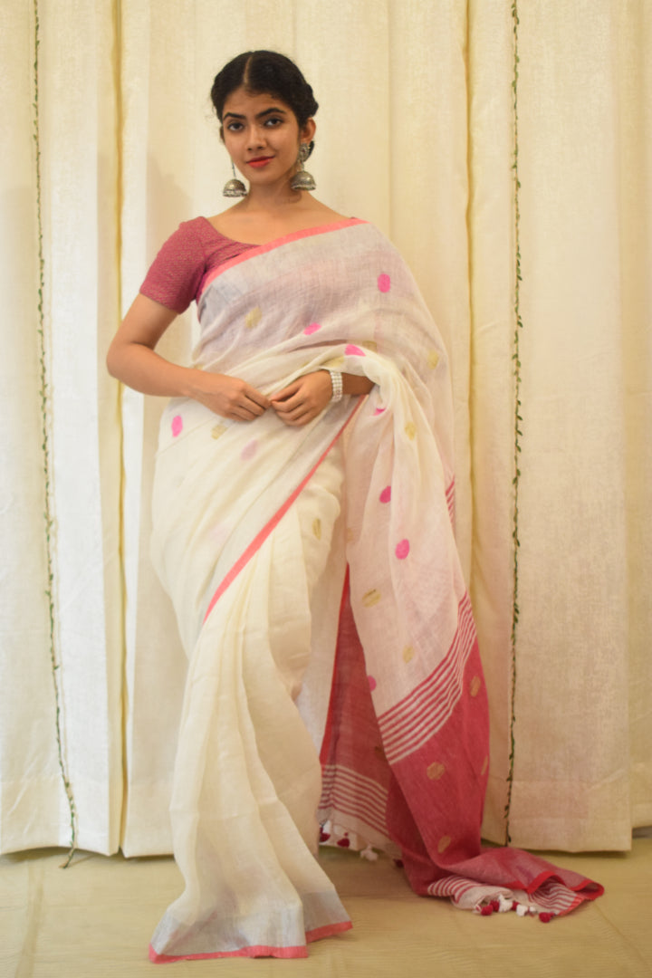 Chandrika: Porcelain White Linen Jamdani Saree