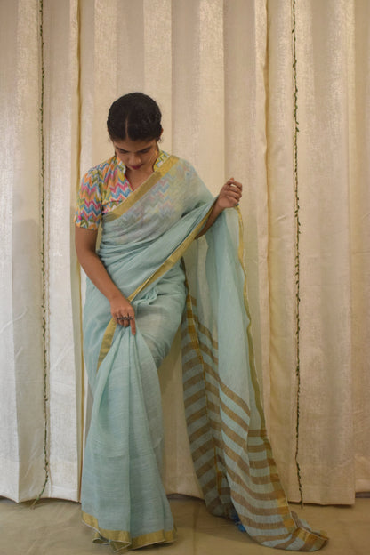 Gaganasri: Sky Blue Linen Saree