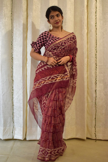 Amodini: Burgundy Red Kota Doria Saree