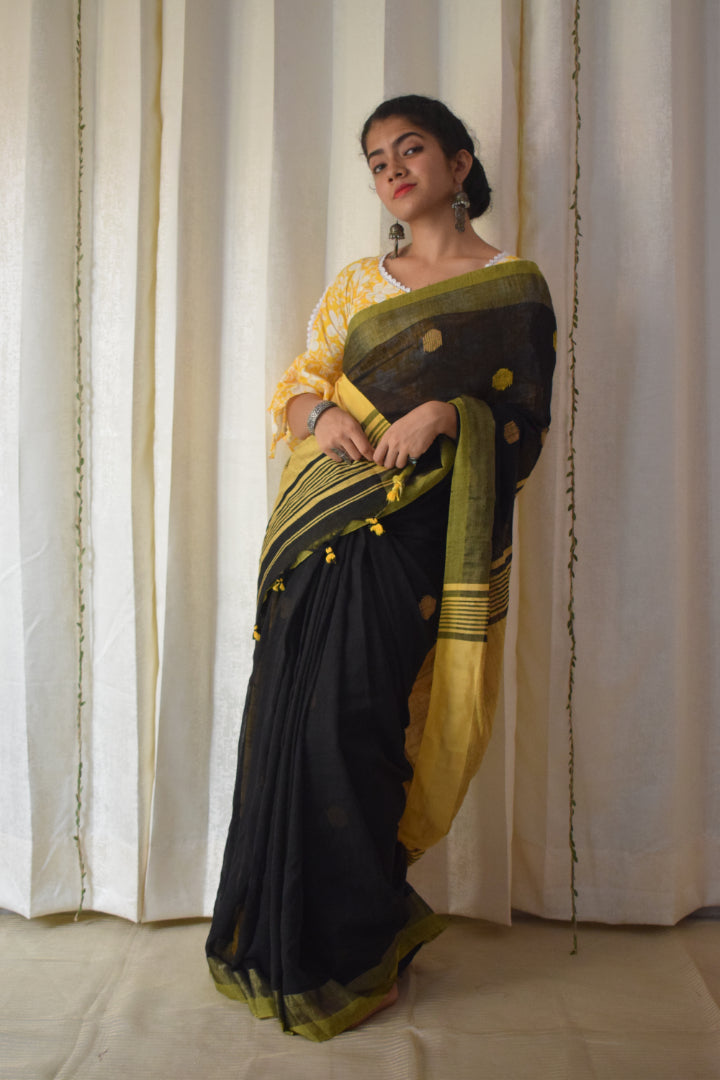 Manasvi- Black & Yellow Cotton-Linen Jamdani saree