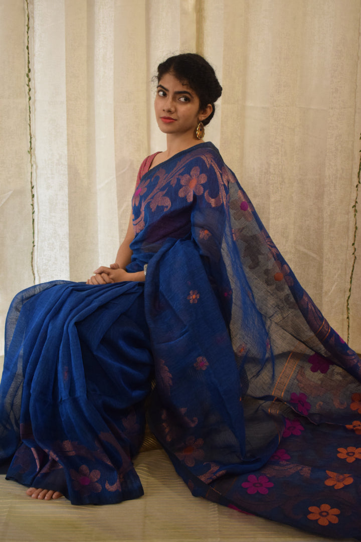 Sindhura- Blue Linen Jamdani Saree