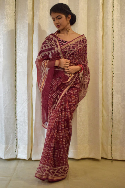 Amodini: Burgundy Red Kota Doria Saree