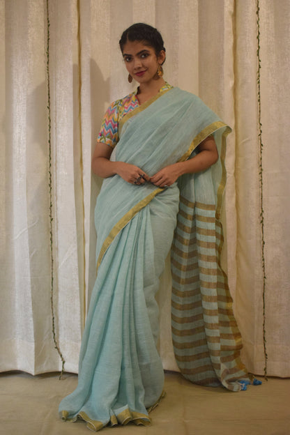 Gaganasri: Sky Blue Linen Saree