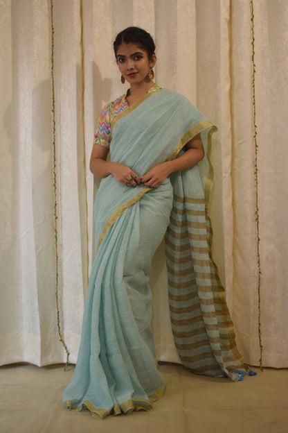 Gaganasri: Sky Blue Linen Saree